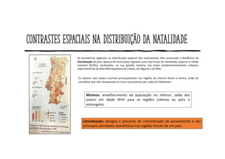 Contrastes espaciais na distribuição da natalidade
As assimetrias regionais na distribuição espacial dos nascimentos têm acentuado a tendência de
litoralização do país. Apenas 64 municípios registam uma taxa bruta de natalidade superior à média
nacional (8,5‰), localizados, na sua grande maioria, nas áreas predominantemente urbanas,
especialmente da Área Metropolitana de Lisboa, do Algarve e da RAA.
Litoralização: designa o processo de concentração do povoamento e das
principais atividades económicas nas regiões litorais de um país.
Os valores mais baixos ocorrem principalmente nas regiões do Interior Norte e Centro, onde há
concelhos que não ultrapassam os cinco nascimentos por cada mil habitantes
Motivos: envelhecimento da população no interior; saída dos
jovens em idade fértil para as regiões urbanas ou para o
estrangeiro.
 