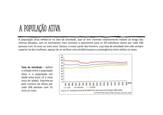 A população ativa
A população ativa reflete-se na taxa de atividade, que se tem mantido relativamente estável ao longo das
últimas décadas, com as estimativas mais recentes a apontarem para os 59 indivíduos ativos por cada 100
pessoas com 15 anos ou mais anos. Destes, a maior parte são homens, cuja taxa de atividade tem sido sempre
superior às das mulheres, apesar de se verificar uma tendência para a convergência entre ambos os sexos.
Taxa de atividade – define
a relação entre a população
ativa e a população em
idade ativa (com 15 e mais
anos de idade). Exprime-se
pelo número de ativos por
cada 100 pessoas com 15
anos ou mais.
 