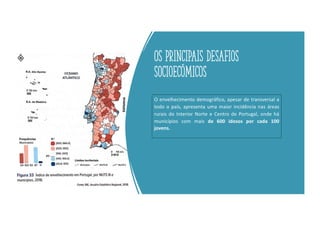 Os principais desafios
socioecómicos
O envelhecimento demográfico, apesar de transversal a
todo o país, apresenta uma maior incidência nas áreas
rurais do Interior Norte e Centro de Portugal, onde há
municípios com mais de 600 idosos por cada 100
jovens.
 