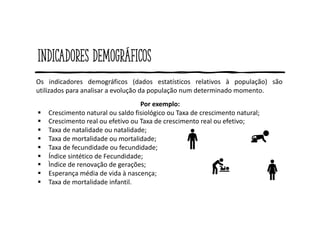 Indicadores demográficos
Os indicadores demográficos (dados estatísticos relativos à população) são
utilizados para analisar a evolução da população num determinado momento.
Por exemplo:
§ Crescimento natural ou saldo fisiológico ou Taxa de crescimento natural;
§ Crescimento real ou efetivo ou Taxa de crescimento real ou efetivo;
§ Taxa de natalidade ou natalidade;
§ Taxa de mortalidade ou mortalidade;
§ Taxa de fecundidade ou fecundidade;
§ Índice sintético de Fecundidade;
§ Ìndice de renovação de gerações;
§ Esperança média de vida à nascença;
§ Taxa de mortalidade infantil.
 