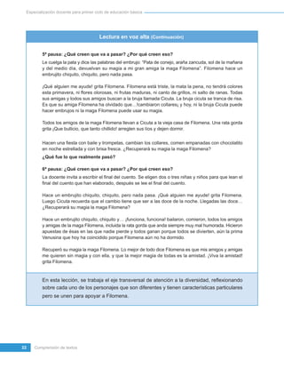 Especialización docente para primer ciclo de educación básica




                                       Lectura en voz alta (Continuación)


         5ª pausa: ¿Qué creen que va a pasar? ¿Por qué creen eso?
         Le cuelga la pata y dice las palabras del embrujo: “Pata de conejo, araña zancuda, sol de la mañana
         y del medio día, devuelvan su magia a mi gran amiga la maga Filomena”. Filomena hace un
         embrujito chiquito, chiquito, pero nada pasa.

         ¡Qué alguien me ayude! grita Filomena. Filomena está triste, la mata la pena, no tendrá colores
         esta primavera, ni flores olorosas, ni frutas maduras, ni canto de grillos, ni salto de ranas. Todas
         sus amigas y todos sus amigos buscan a la bruja llamada Cicuta. La bruja cicuta se tranca de risa.
         Es que su amiga Filomena ha olvidado que…!cambiaron collares¡ y hoy, ni la bruja Cicuta puede
         hacer embrujos ni la maga Filomena puede usar su magia.

         Todos los amigos de la maga Filomena llevan a Cicuta a la vieja casa de Filomena. Una rata gorda
         grita ¡Que bullicio, que tanto chillido! arreglen sus líos y dejen dormir.


         Hacen una fiesta con baile y trompetas, cambian los collares, comen empanadas con chocolatito
         en noche estrellada y con brisa fresca. ¿Recuperará su magia la maga Filomena?
         ¿Qué fue lo que realmente pasó?

         6ª pausa: ¿Qué creen que va a pasar? ¿Por qué creen eso?
         La docente invita a escribir el final del cuento. Se eligen dos o tres niñas y niños para que lean el
         final del cuento que han elaborado, después se lee el final del cuento.

         Hace un embrujito chiquito, chiquito, pero nada pasa. ¡Qué alguien me ayude! grita Filomena.
         Luego Cicuta recuerda que el cambio tiene que ser a las doce de la noche. Llegadas las doce…
         ¿Recuperará su magia la maga Filomena?

         Hace un embrujito chiquito, chiquito y… ¡funciona, funciona! bailaron, comieron, todos los amigos
         y amigas de la maga Filomena, incluida la rata gorda que anda siempre muy mal humorada. Hicieron
         apuestas de ésas en las que nadie pierde y todos ganan porque todos se divierten, aún la prima
         Venusina que hoy ha coincidido porque Filomena aún no ha dormido.

         Recuperó su magia la maga Filomena. Lo mejor de todo dice Filomena es que mis amigos y amigas
         me quieren sin magia y con ella, y que la mejor magia de todas es la amistad. ¡Viva la amistad!
         grita Filomena.



         En esta lección, se trabaja el eje transversal de atención a la diversidad, reflexionando
         sobre cada uno de los personajes que son diferentes y tienen características particulares
         pero se unen para apoyar a Filomena.




22   Comprensión de textos
 