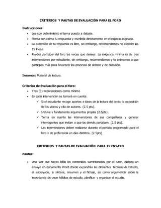 CRITERIOS Y PAUTAS DE EVALUACIÓN PARA EL FORO
Instrucciones:
 Lee con detenimiento el tema puesto a debate.
 Piensa con calma tu respuesta y escríbela directamente en el espacio asignado.
 La extensión de tu respuesta es libre, sin embargo, recomendamos no exceder las
15 líneas.
 Puedes participar del foro las veces que desees. La exigencia mínima es de tres
intervenciones por estudiante, sin embargo, recomendamos y te animamos a que
participes más para favorecer los procesos de debate y de discusión.
Insumos: Material de lectura.
Criterios de Evaluación para el foro:
 Tres (3) intervenciones como mínimo
 En cada intervención se tomará en cuenta:
 Si el estudiante recoge aportes e ideas de la lectura del texto, la exposición
de los videos y cita de autores. (2.5 pts).
 Incluye y fundamenta argumentos propios (2.5pts).
 Toma en cuenta las intervenciones de sus compañeros y generar
interrogantes que invitan a que los demás participen. (2.5 pts).
 Las intervenciones deben realizarse durante el período programado para el
foro y de preferencia en días distintos. (2.5pts)
CRITERIOS Y PAUTAS DE EVALUACIÓN PARA EL ENSAYO
Pautas:
 Una Vez que hayas leído los contenidos suministrados por el tutor, elabora un
ensayo en documento Word donde expondrás las diferentes técnicas de Estudio,
el subrayado, la síntesis, resumen y el fichaje, así como argumentar sobre la
importancia de crear hábitos de estudio, planificar y organizar el estudio.
 