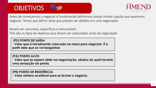 13
OBJETIVOS
Antes de começarmos a negociar é fundamental definirmos nossos limites naquilo que queremos
negociar. Temos que definir alvos que possam ser obtidos em uma negociação.
Devem ser concretos, específicos e mensuráveis.
Três são os tipos de objetivos que devem ser estipulados antes da negociação.
(PS) PONTO DE SAÍDA:
- Valor que é inicialmente colocado na mesa para negociar. É a
partir dele que se vai barganhar.
(PA) PONTO ALVO:
- Valor que se espera obter na negociação, abaixo do qual haveria
uma sensação de perda.
(PR) PONTO DE RESISTÊNCIA:
- Valor mínimo aceitável para se fechar o negócio.
 