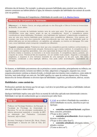 diferentes das do homem. Por exemplo: os pássaros possuem habilidades para construir seus ninhos, os
castores constroem seu habitat debaixo d’água; há inúmeros exemplos das habilidades dos animais de acordo
com sua genética.

                Diferença de Competências e Habilidades de acordo com L.A. Martins Garcia.




No homem, as habilidades psicomotoras são as primeiras a serem construídas, principalmente na infância; em
seguida, e gradativamente, tornamo-nos hábeis em falar, adquirimos a linguagem; enquanto isso, nosso
esquema psicomotor continua se desenvolvendo, evoluindo para movimentos mais complexos, como andar de
bicicleta, mais tarde dirigir um carro etc. Ser hábil significa ser capaz de realizar alguma coisa. O homem
desenvolve de formas diferentes os diversos tipos de habilidades: cognitivas, psicomotoras, afetivas, sociais.

Habilidades: como ensiná-las

Professor(a): partindo das leituras que fez até aqui, você deve ter percebido que todas as habilidades indicam
uma ação, algo para o aluno realizar.

Qualquer habilidade implica uma ação física ou mental do indivíduo aplicada num determinado contexto.
Habilidade é um tipo de conhecimento que se caracteriza por saber fazer.

                                                          C. Coll, ao se referir à finalidade dos conteúdos a
                                                          serem trabalhados na escola, classifica-os por sua
                                                          tipologia:

                                                                  conteúdos conceituais/factuais: englobam
                                                          fatos, conceitos, princípios
                                                          ("O que se deve saber");
                                                                  conteúdos procedimentais: dizem respeito a
                                                          técnicas e métodos
                                                          ("O que se deve saber fazer");
                                                                  conteúdos atitudinais: abrangem valores,
                                                          atitudes e normas
                                                          ("Como se deve ser").
 