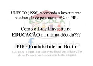 UNESCO (1996) recomenda o investimento
 na educação de pelo menos 6% do PIB.

   Como o Brasil investiu na
EDUCAÇÃO na ultima década???

  PIB - Produto Interno Bruto
 