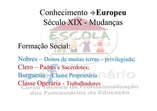 Conhecimento Europeu
         Século XIX - Mudanças

Formação Social:
Nobres – Donos de muitas terras – privilegiada;
Clero – Padres e Sacerdotes;
Burguesia – Classe Proprietária
Classe Operária - Trabalhadores
 