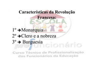 Características da Revolução
              Francesa: :

1º    Monarquia
2º    Clero e a nobreza
3º    Burguesia
 