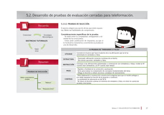 5.2.4.2. Pruebas de selección.
El alumno elegirá una opción de las que están expues-
tas. Miden las habilidades de comprensión.
Consideraciones específicas de la prueba:
· Se debe evitar la complejidad, ambigüedad u ob-
viedad de los enunciados.
· Evitar pedir justificación de respuesta, ya que si
lo hiciéramos estaríamos convirtiendo la prueba en
una de desarrollo.
5.2. Desarrollo de pruebas de evaluación cerradas para teleformación.
Módulo 5 EVALUACIÓN EN TELEFORMACIÓN 27
PRUEBAS DE EVOCACIÓN
Consiste en el juicio que hace el alumno de si la afirmación que se le ha
presentado es verdadera o falsa.
UTILIDAD
ESTRUCTURA
INSTRUCCIÓN
PROS
· Enunciado: afirmación correcta o errónea de un hecho.
· Dos únicas opciones: verdadero y falso.
Concluya si las afirmaciones presentadas a continuación son verdaderas o falsas. (rodee la (V)
cuando sean verdaderas y la (F) cuando sean falsas)
· Rapidez y facilidad en la corrección y puntuación.
· Sirve para evaluar la comprensión de conceptos fundamentales del tema.
· Obliga al discente a utilizar procesos complejos de razonamiento.
· Difícil elaboración y construcción correcta de la pregunta para que no resulte ambigua o
con doble respuesta en función de la situación o condición.
· La posibilidad de adivinación es del 50 %
· Se induce al discente a pensar en extremos de verdadero o falso, sin tener en cuenta las
variables intermedias.
CONTRAS
DESTREZAS TUTORIALES
Estratégias
Metodológicas
Creatividad
Saber
estar
Miden conocimientos
simples
“Rellenar”
“Respuesta breve”
a) Pruebas de “Verdadero o falso”
 