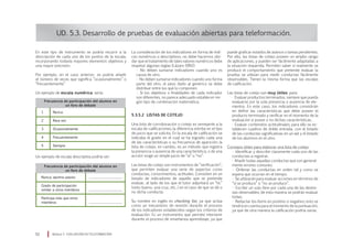 UD. 5.3. Desarrollo de pruebas de evaluación abiertas para teleformación.
En este tipo de instrumento se podría recurrir a la
descripción de cada uno de los puntos de la escala,
incorporando todavía mayores elementos objetivos y
una mayor precisión.
Por ejemplo, en el caso anterior, se podría añadir
el número de veces que significa “ocasionalmente” o
“frecuentemente”
Un ejemplo de escala numérica sería:
La consideración de los indicadores en forma de índi-
ces numéricos o descriptivos, no debe hacernos olvi-
dar que el tratamiento de tales valores numéricos debe
respetar algunas reglas (Lázaro 1992):
• No deben sumarse indicadores cuando uno es
causa de otro.
• No deben sumarse indicadores cuando uno forma
parte del otro, el peso dado al genérico se debe
distribuir entre los que lo componen.
• Si los objetivos o finalidades de cada indicador
son diferentes, no parece adecuado establecer nin-
gún tipo de combinación matemática.
5.3.5.2	 Listas de cotejo
Una lista de corroboración o cotejo es semejante a la
escala de calificaciones; la diferencia estriba en el tipo
de juicio que se solicita. En la escala de calificación se
indicaba el grado en el cual se ha logrado cada una
de las características o su frecuencia de aparición; la
lista de cotejo, en cambio, es un método que registra
la presencia o ausencia de una característica, o de una
acción: exige un simple juicio de “sí” o “no”.
Las listas de cotejo son instrumentos de “verificación”,
que permiten evaluar una serie de aspectos como
conductas, conocimientos, actitudes. Consisten en un
listado de indicadores de aquello que se pretende
evaluar, al lado de los que el tutor adjuntará un “tic”
(visto bueno, una cruz, etc..) en el caso de que se dé o
no dicha conducta.
Su nombre en inglés es checking list, ya que actúa
como un mecanismo de revisión durante el proceso
de los indicadores establecidos según los criterios de
evaluación. Es un instrumento que permite intervenir
durante el proceso de enseñanza-aprendizaje, ya que
Módulo 5 EVALUACIÓN EN TELEFORMACIÓN52
puede graficar estados de avance o tareas pendientes.
Por ello, las listas de cotejo poseen un amplio rango
de aplicaciones, y pueden ser fácilmente adaptadas a
la situación requerida. Permiten saber si realmente se
produce el comportamiento que pretende evaluar la
prueba; se utilizan para medir conductas fácilmente
observables. Tienen la misma forma que las escalas
de calificación.
Las listas de cotejo son muy útiles para:
· Evaluar productos terminados, siempre que pueda
evaluarse por la sola presencia o ausencia de ele-
mentos. En este caso, los indicadores consistirán
en definir las características que debe poseer el
producto terminado y verificar en el momento de la
evaluación si posee o no dichas características.
· Evaluar contenidos actitudinales; para ello se es-
tablecen cuadros de doble entrada, con el listado
de las conductas significativas en un eje y el listado
de los alumnos en el otro.
Consejos útiles para elaborar una lista de cotejo:
• Identificar y describir claramente cada uno de las
conductas a registrar.
· Añadir todas aquellas conductas que son general-
mente errores comunes.
• Ordenar las conductas en orden tal y como se
espera que ocurran en el tiempo.
• Se utilizarán para evaluar acciones en términos de
“sí se produce” o “no se produce”.
• Escribir un solo ítem por cada una de las destre-
zas observables; de esta manera se podrán evaluar
todas.
• Redactar los ítems en positivo o negativo; esto se
tendrá en cuenta para el momento de la puntuación,
ya que de otra manera la calificación podría variar.
Frecuencia de participación del alumno en
un foro de debate
1
2
3
4
5
Nunca
Rara vez
Ocasionalmente
Frecuentemente
Siempre
Un ejemplo de escala descriptiva podría ser:
Frecuencia de participación del alumno en
un foro de debate
.............................................
.............................................
.............................................
Nunca, alumno pasivo
Grado de participación
similar a otros miembros
Participa más que otros
miembros
 