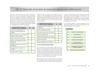 Aunque lo ideal es producir una tabla de indicadores
para cada uno de los aspectos a evaluar, podemos
tomar como referencia indicadores establecidos pre-
viamente y adaptarlos a nuestras necesidades. Imagi-
nemos que se quiere evaluar el tipo de relación esta-
blecida por un alumno con el resto de compañeros. Si
tomamos como referencia la siguiente lista, segura-
mente muchos de los indicadores establecidos podrán
ser reutilizados para nuestros propósitos.
UD. 5.3. Desarrollo de pruebas de evaluación abiertas para teleformación.
En ellas no sólo se registrarán las actividades abiertas
registradas mediante diferentes instrumentos, sino
todo aquello que sea evaluable en el curso y que se
haya realizado por otros medios; por ejemplo, aquellas
actividades de tipo “cerrado” o que nos proporcionan
las plataformas e-learning.
En el siguiente esquema se expresan algunos de los
aspectos evaluables y a considerar en la confección de
estos instrumentos de evaluación:
Módulo 5 EVALUACIÓN EN TELEFORMACIÓN 53
Indicadores para evaluar la
relación con los compañeros
Llama a sus compañeros por su
nombre, evitando apodos que les
molesten.
Respeta la opinión de sus compañeros
aunque no esté de acuerdo.
Apoya las decisiones de la mayoría.
Ayuda a los compañeros que tienen
dificultades.
Establece relación con casi todos los
compañeros.
Las relaciones que establece son
cordiales
Le gusta trabajar en equipo
SI NO
Imaginemos que se plantea una actividad de grupo a
realizar en un foro de debate. Para evaluar no sólo la
cantidad sino la calidad de la intervención por parte del
alumno, podríamos confeccionar una lista de cotejo
sobre si se producen o no una serie de comportamien-
tos. Por ejemplo:
Indicadores para evaluar la
relación con los compañeros
Respeto el derecho de palabra de los
compañeros.
Explica claramente la opinión
Hace aportaciones nuevas a la discusión
Utiliza un lenguaje claro
Estimula la participación de los demás
Domina el contenido
Sitúa su argumento en el contexto
SI NO
5.3.5.3 Hojas de evaluación
Es el instrumento de registro que se utilizará para re-
flejar lo que observamos en el desarrollo de la prueba
práctica. Es una integración de los dos instrumentos
citados anteriormente ya que podemos encontrar gra-
dos de consecución de los objetivos, obtenidos a tra-
vés de las escalas de calificación, así como información
sobre si se ha producido o no la conducta deseada,
obtenida a través de las listas de cotejo.
Será necesario crear las oportunas hojas de evalua-
ción de manera que se recojan todos los datos obteni-
dos a través de todos los instrumentos de evaluación.
Precisión en el desempeño
Evaluamos
Secuencialidad
Tiempo de ejecución
Organización del trabajo
Uso correcto de
herramientas y materiales
Respeto por las normas de
seguridad e higiene
Habilidades mediante destrezas
 