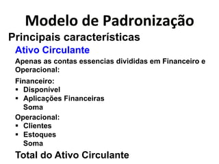 L0<";0*<"*@)<$0&(Q)6B0* 
Principais características 
Ativo Circulante 
Apenas as contas essencias divididas em Financeiro e 
Operacional: 
Financeiro: 
" Disponível 
" Aplicações Financeiras 
Soma 
Operacional: 
" Clientes 
" Estoques 
Soma 
Total do Ativo Circulante 
 