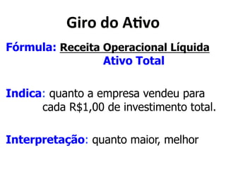 ]($0*<0*:./0* 
Fórmula: Receita Operacional Líquida 
Ativo Total 
Indica: quanto a empresa vendeu para 
cada R$1,00 de investimento total. 
Interpretação: quanto maior, melhor 
 