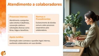 Processos Internos
Atendimento a perguntas
sobre direitos trabalhistas,
convenção coletiva e
solicitações diversas como
férias, folgas e benefícios.
Normas e
Procedimentos
Esclarecimento de dúvidas
comuns sobre processos
corporativos para
colaboradores.
Apoio Jurídico
Orientação sobre contratos e questões legais internas,
auxiliando colaboradores em suas dúvidas.
Atendimento a colaboradores
 