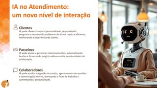 Clientes
IA pode oferecer suporte personalizado, respondendo
perguntas e resolvendo problemas de forma rápida e eficiente,
melhorando a experiência do cliente.
Parceiros
IA pode ajudar a gerenciar relacionamentos, automatizando
tarefas e fornecendo insights valiosos sobre oportunidades de
colaboração.
Colaboradores
IA pode auxiliar na gestão de tarefas, agendamento de reuniões
e comunicação interna, otimizando o fluxo de trabalho e
aumentando a produtividade.
IA no Atendimento:
um novo nível de interação
 