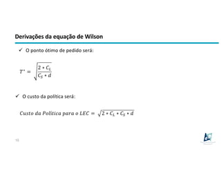 Derivações da equação de Wilson
15
ü O custo da política será:
!"#$% &' (%)í$+,' -'.' % /0! = 2 ∗ !4 ∗ !5 ∗ &
6∗
=
2 ∗ !4
!5 ∗ &
ü O ponto ótimo de pedido será:
 