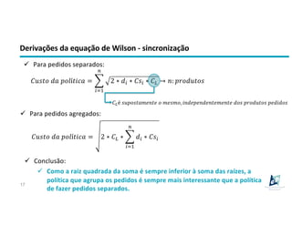 Derivações da equação de Wilson - sincronização
17
ü Para pedidos separados:
!"#$% &' (%)í$+,' = .
/01
2
2 ∗ &/ ∗ !#/ ∗ !5 → 7: (9%&"$%#
!5é #"(%#$';<7$< % ;<#;%, +7&<(<7&<7$<;<7$< &%# (9%&"$%# (<&+&%#
ü Para pedidos agregados:
!"#$% &' (%)í$+,' = 2 ∗ !5 ∗ .
/01
2
&/ ∗ !#/
ü Conclusão:
ü Como a raiz quadrada da soma é sempre inferior à soma das raízes, a
política que agrupa os pedidos é sempre mais interessante que a política
de fazer pedidos separados.
 