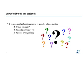 Gestão Científica dos Estoques
4
ü O responsável pelo estoque deve responder três perguntas:
v O que entregar?
v Quando entregar? (T)
v Quanto entregar? (Q)
 