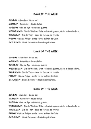 25



                          DAYS OF THE WEEK

SUNDAY – Sun day – dia do sol.
MONDAY – Moon day – deusa da lua
TUESDAY – Dia de Tyr – deusa da guerra
WEDNESDAY – Dia de Woden / Odin – deus da guerra, da lei e da sabedoria.
THURSDAY – Dia de Thor – deus da força e do trovão.
FRIDAY – Dia de Friga – a mãe terra, mulher de Odin.
SATURDAY – dia de Saturno – deus da agricultura.



                          DAYS OF THE WEEK

SUNDAY – Sun day – dia do sol.
MONDAY – Moon day – deusa da lua
TUESDAY – Dia de Tyr – deusa da guerra
WEDNESDAY – Dia de Woden / Odin – deus da guerra, da lei e da sabedoria.
THURSDAY – Dia de Thor – deus da força e do trovão.
FRIDAY – Dia de Friga – a mãe terra, mulher de Odin.
SATURDAY – dia de Saturno – deus da agricultura.



                          DAYS OF THE WEEK

SUNDAY – Sun day – dia do sol.
MONDAY – Moon day – deusa da lua
TUESDAY – Dia de Tyr – deusa da guerra
WEDNESDAY – Dia de Woden / Odin – deus da guerra, da lei e da sabedoria.
THURSDAY – Dia de Thor – deus da força e do trovão.
FRIDAY – Dia de Friga – a mãe terra, mulher de Odin.
SATURDAY – dia de Saturno – deus da agricultura.
 