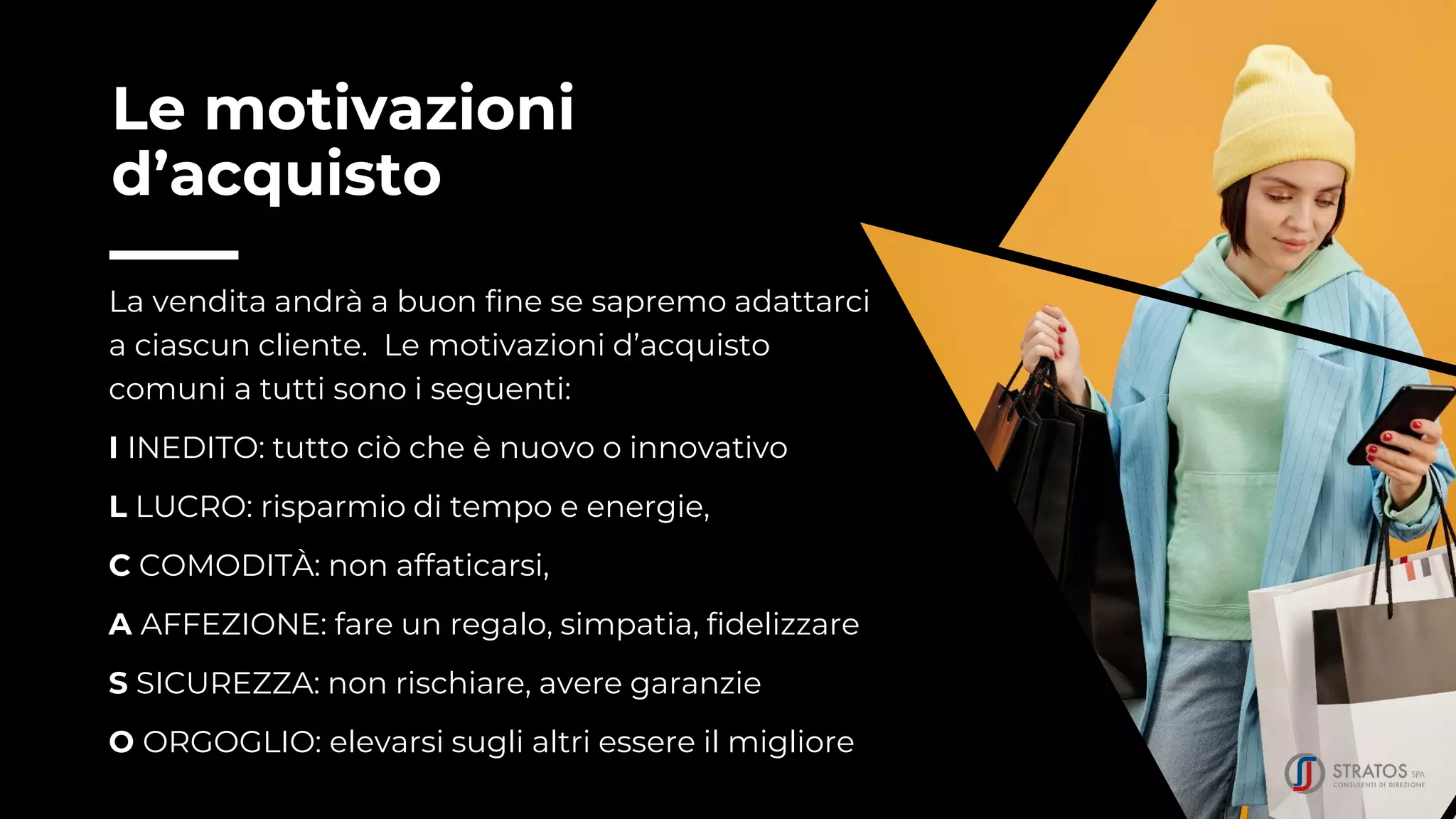 Le motivazioni
d’acquisto
La vendita andrà a buon fine se sapremo adattarci
a ciascun cliente. Le motivazioni d’acquisto
comuni a tutti sono i seguenti:
I INEDITO: tutto ciò che è nuovo o innovativo
L LUCRO: risparmio di tempo e energie,
C COMODITÀ: non affaticarsi,
A AFFEZIONE: fare un regalo, simpatia, fidelizzare
S SICUREZZA: non rischiare, avere garanzie
O ORGOGLIO: elevarsi sugli altri essere il migliore
 