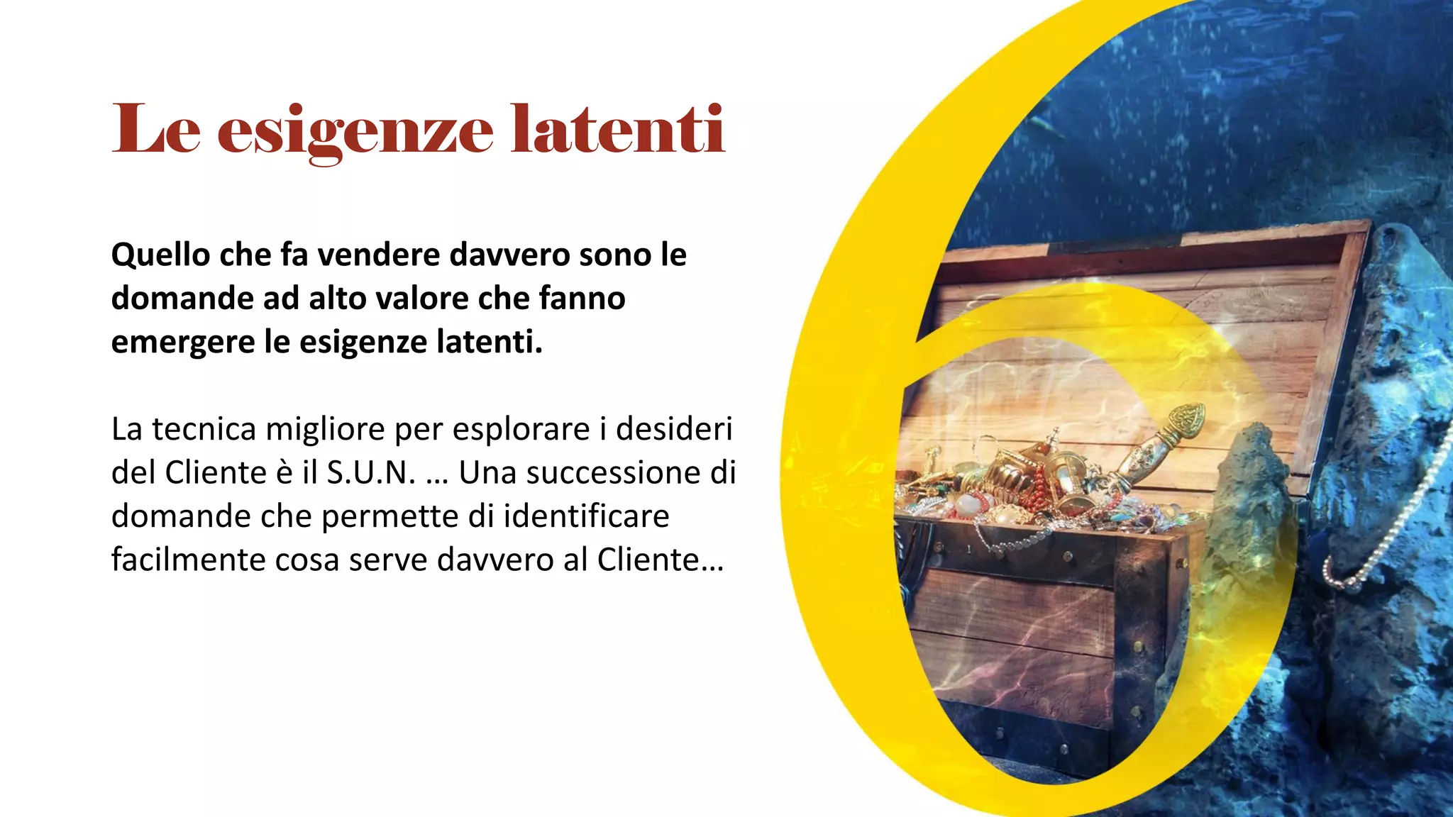 Quello che fa vendere davvero sono le
domande ad alto valore che fanno
emergere le esigenze latenti.
La tecnica migliore per esplorare i desideri
del Cliente è il S.U.N. … Una successione di
domande che permette di identificare
facilmente cosa serve davvero al Cliente…
Le esigenze latenti
 