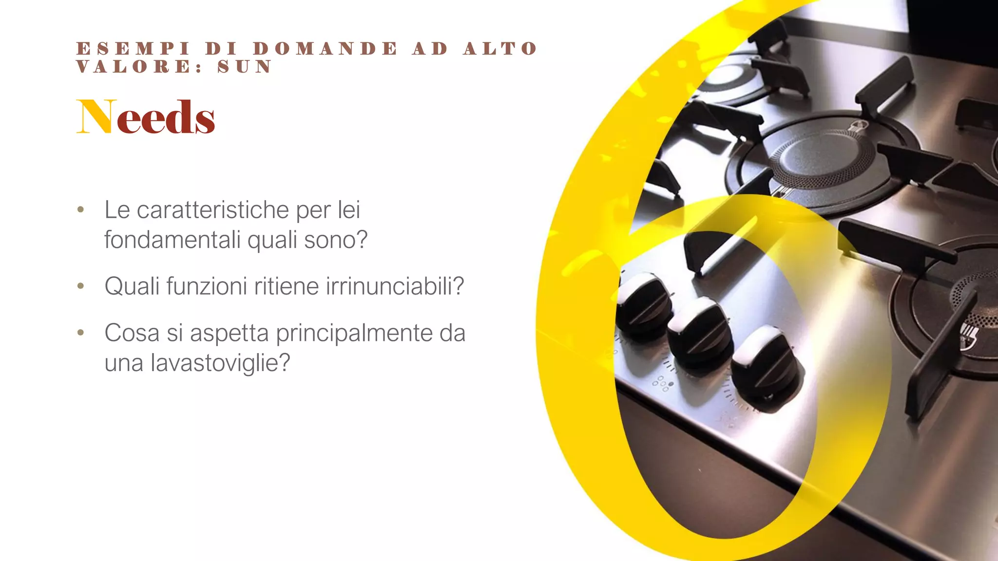 Needs
• Le caratteristiche per lei
fondamentali quali sono?
• Quali funzioni ritiene irrinunciabili?
• Cosa si aspetta principalmente da
una lavastoviglie?
E S E M P I D I D O M A N D E A D A L T O
V A L O R E : S U N
 