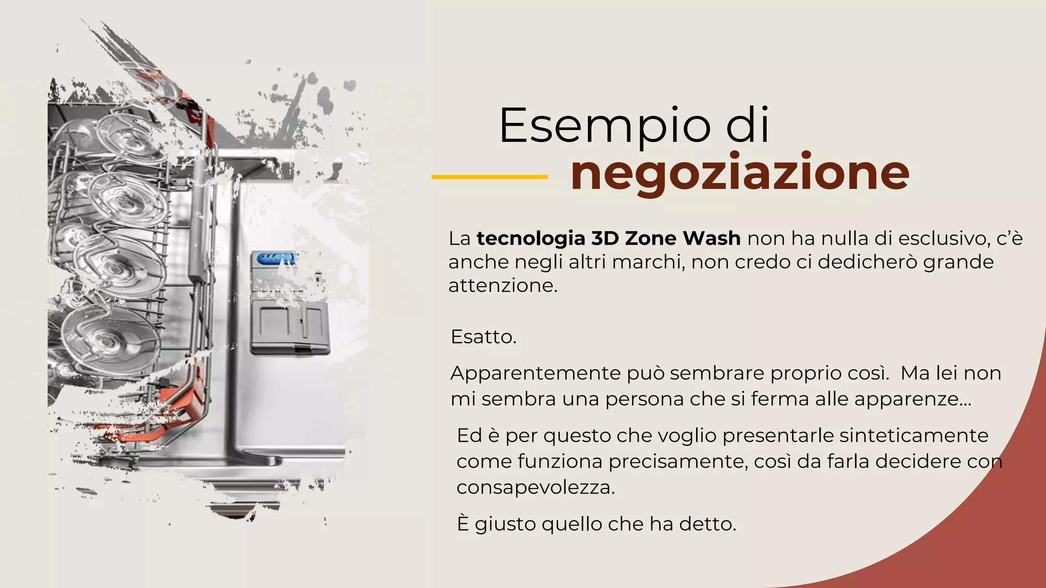 Esempio di
negoziazione
La tecnologia 3D Zone Wash non ha nulla di esclusivo, c’è
anche negli altri marchi, non credo ci dedicherò grande
attenzione.
Ed è per questo che voglio presentarle sinteticamente
come funziona precisamente, così da farla decidere con
consapevolezza.
È giusto quello che ha detto.
Apparentemente può sembrare proprio così. Ma lei non
mi sembra una persona che si ferma alle apparenze…
Esatto.
 