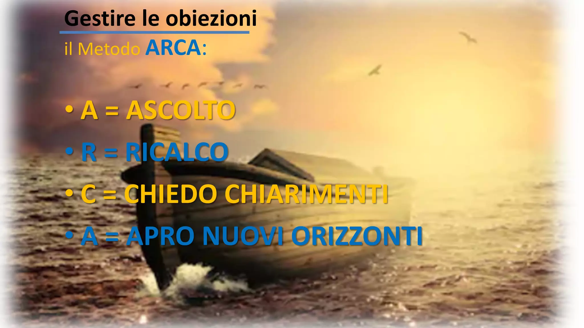 • A = ASCOLTO
• R = RICALCO
• C = CHIEDO CHIARIMENTI
• A = APRO NUOVI ORIZZONTI
Gestire le obiezioni
il Metodo ARCA:
 