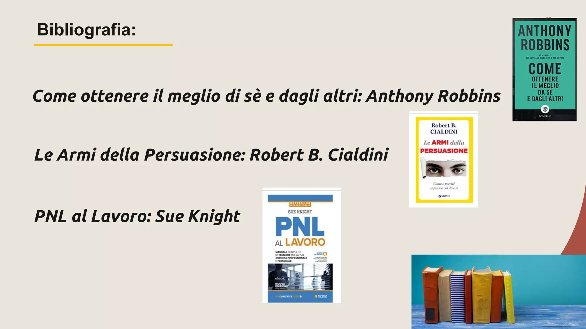 Bibliografia:
84
Come ottenere il meglio di sè e dagli altri: Anthony Robbins
Le Armi della Persuasione: Robert B. Cialdini
PNL al Lavoro: Sue Knight
 