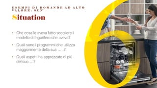 Situation
• Che cosa le aveva fatto scegliere il
modello di frigorifero che aveva?
• Quali sono i programmi che utilizza
maggiormente della sua …..?
• Quali aspetti ha apprezzato di più
del suo….?
E S E M P I D I D O M A N D E A D A L T O
V A L O R E : S U N
 