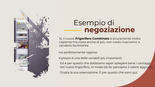 Esempio di
negoziazione
Si, il nuovo Frigorifero Combinato è sicuramente molto
capiente ma costa anche di più, non credo riusciremo a
venderlo facilmente.
Ed è per questo che dobbiamo saper spiegare bene i vantaggi
del nuovo frigorifero, in modo da far percepire il valore aggiunto.
Giusta la sua osservazione. È per questo che sono qui.
Ha perfettamente ragione.
Il prezzo è una delle variabili più importanti.
 