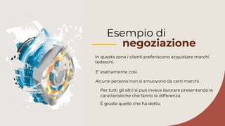 Esempio di
negoziazione
In questa zona i clienti preferiscono acquistare marchi
tedeschi.
Per tutti gli altri si può invece lavorare presentando le
caratteristiche che fanno la differenza.
È giusto quello che ha detto.
Alcune persone non si smuovono da certi marchi.
E’ esattamente così.
 
