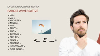 PAROLE AVVERSATIVE
LA COMUNICAZIONE IPNOTICA
« NO »
« MAI »
« ANCHE SE »
« INVECE »
« MA »
« PERO’ »
« ANZI »
« TUTTAVIA »
« EPPURE »
« BENSI’ »
« SEBBENE »
« NONOSTANTE »
« COMUNQUE »
«…. E …..»
 