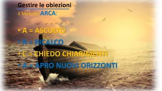 • A = ASCOLTO
• R = RICALCO
• C = CHIEDO CHIARIMENTI
• A = APRO NUOVI ORIZZONTI
Gestire le obiezioni
il Metodo ARCA:
 