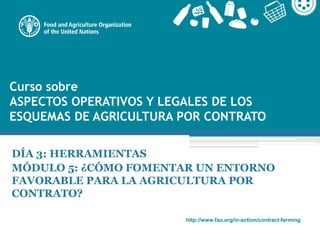 http://www.fao.org/in-action/contract-farming
Curso sobre
ASPECTOS OPERATIVOS Y LEGALES DE LOS
ESQUEMAS DE AGRICULTURA POR CONTRATO
DÍA 3: HERRAMIENTAS
MÓDULO 5: ¿CÓMO FOMENTAR UN ENTORNO
FAVORABLE PARA LA AGRICULTURA POR
CONTRATO?
 