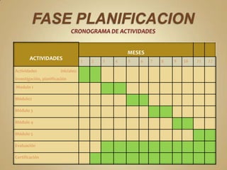 MESES
       ACTIVIDADES                   1   2   3   4   5   6   7   8   9   10   11   12

Actividades             iniciales:
investigación, planificación
Modulo 1

Módulo2

Módulo 3

Módulo 4

Módulo 5

Evaluación

Certificación
 