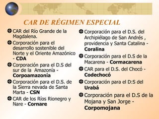 CAR DE RÉGIMEN ESPECIAL CAR del Río Grande de la Magdalena. Corporación para el desarrollo sostenible del Norte y el Oriente Amazónico -  CDA Corporación para el D.S del sur de la  Amazonía -  Corpoamazonía Corporación para el D.S. de la Sierra nevada de Santa Marta -  CSN CAR de los Ríos Rionegro y Nare -  Cornare Corporación para el D.S. del Archipiélago de San Andrés , providencia y Santa Catalina -  Coralina Corporación para el D.S de la Macarena -  Cormacarena CAR para el D.S. del Chocó -  Codechocó Corporación para el D:S del  Urabá Corporación para el D.S de la Mojana y San Jorge -  Corpomojana 