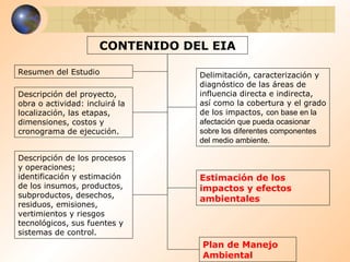 Resumen del Estudio Descripción del proyecto, obra o actividad: incluirá la localización, las etapas, dimensiones, costos y cronograma de ejecución. Descripción de los procesos y operaciones; identificación y estimación de los insumos, productos, subproductos, desechos, residuos, emisiones, vertimientos y riesgos tecnológicos, sus fuentes y sistemas de control. CONTENIDO DEL EIA Plan de Manejo Ambiental Delimitación, caracterización y diagnóstico de las áreas de influencia directa e indirecta, así como la cobertura y el grado de los impactos,   con base en la afectación que pueda ocasionar sobre los diferentes componentes del medio ambiente. Estimación de los impactos y efectos ambientales   