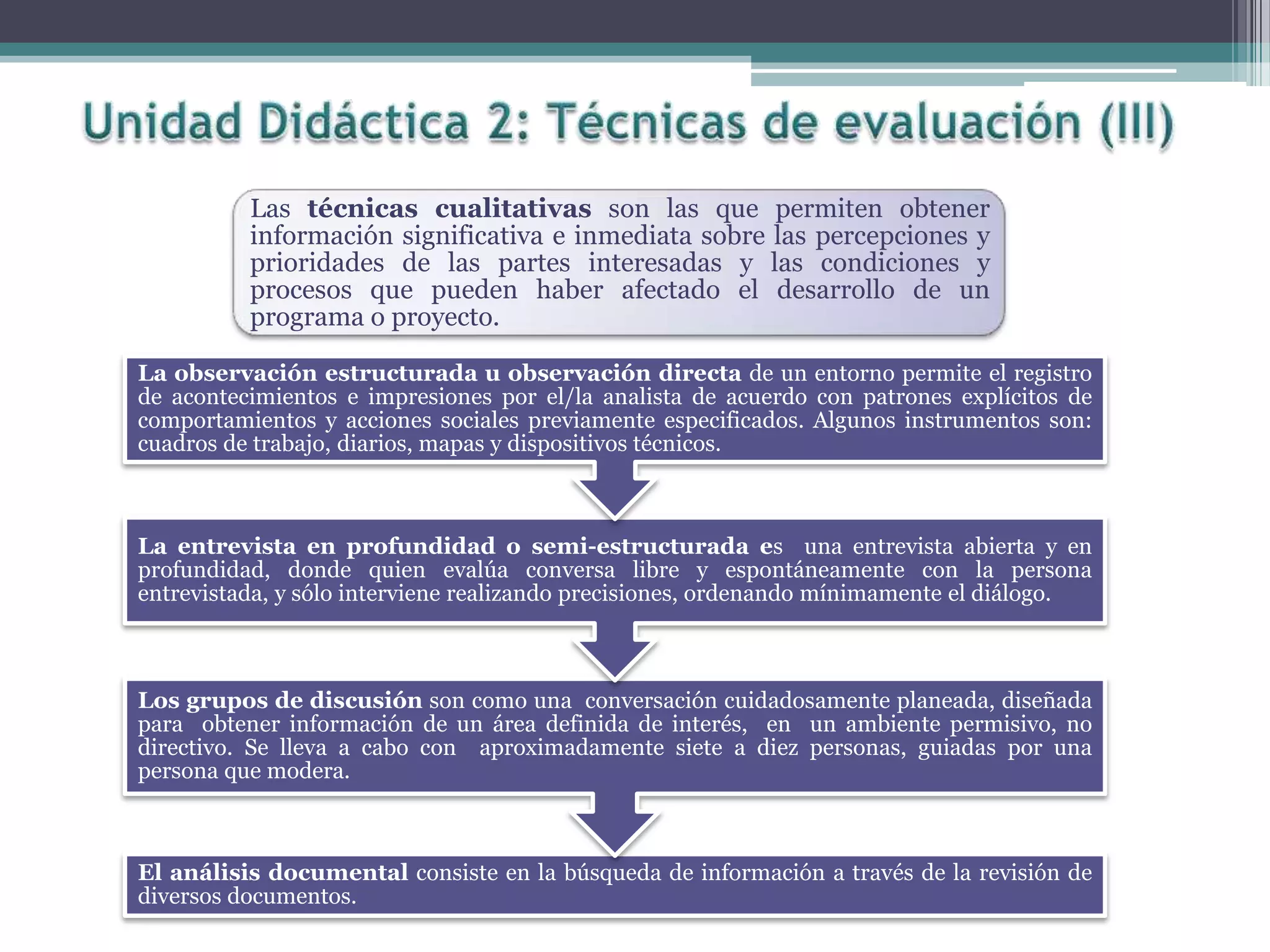Las técnicas cualitativas son las que permiten obtener
información significativa e inmediata sobre las percepciones y
prioridades de las partes interesadas y las condiciones y
procesos que pueden haber afectado el desarrollo de un
programa o proyecto.
El análisis documental consiste en la búsqueda de información a través de la revisión de
diversos documentos.
Los grupos de discusión son como una conversación cuidadosamente planeada, diseñada
para obtener información de un área definida de interés, en un ambiente permisivo, no
directivo. Se lleva a cabo con aproximadamente siete a diez personas, guiadas por una
persona que modera.
La entrevista en profundidad o semi-estructurada es una entrevista abierta y en
profundidad, donde quien evalúa conversa libre y espontáneamente con la persona
entrevistada, y sólo interviene realizando precisiones, ordenando mínimamente el diálogo.
La observación estructurada u observación directa de un entorno permite el registro
de acontecimientos e impresiones por el/la analista de acuerdo con patrones explícitos de
comportamientos y acciones sociales previamente especificados. Algunos instrumentos son:
cuadros de trabajo, diarios, mapas y dispositivos técnicos.
 