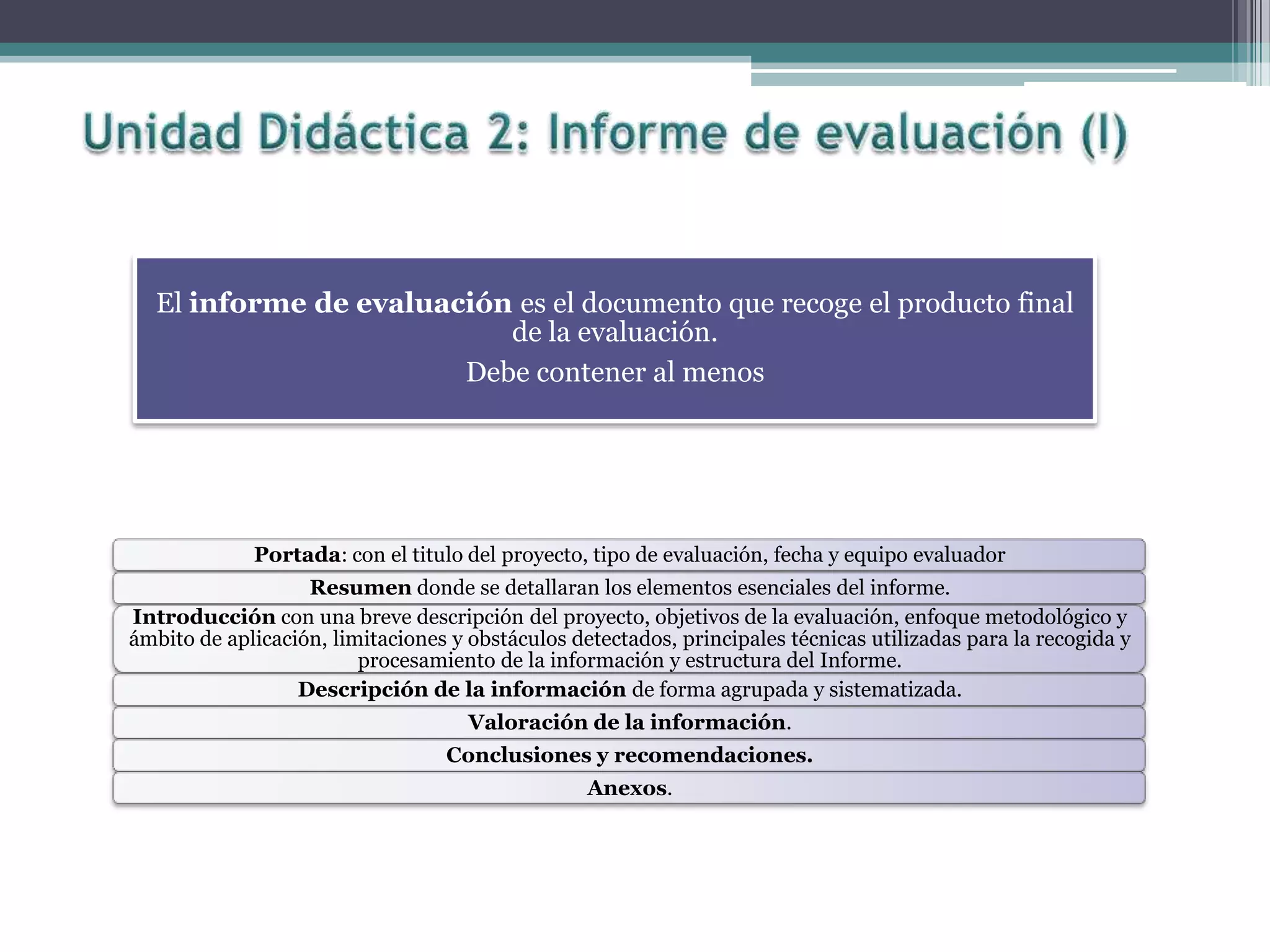 El informe de evaluación es el documento que recoge el producto final
de la evaluación.
Debe contener al menos
Portada: con el titulo del proyecto, tipo de evaluación, fecha y equipo evaluador
Resumen donde se detallaran los elementos esenciales del informe.
Introducción con una breve descripción del proyecto, objetivos de la evaluación, enfoque metodológico y
ámbito de aplicación, limitaciones y obstáculos detectados, principales técnicas utilizadas para la recogida y
procesamiento de la información y estructura del Informe.
Descripción de la información de forma agrupada y sistematizada.
Valoración de la información.
Conclusiones y recomendaciones.
Anexos.
 