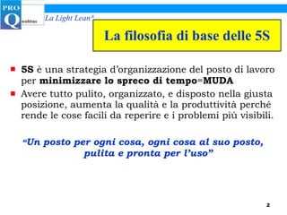 La filosofia di base delle 5S 5S  è una strategia d’organizzazione del posto di lavoro per  minimizzare lo spreco di tempo = MUDA   Avere tutto pulito, organizzato, e disposto nella giusta posizione, aumenta la qualità e la produttività perché rende le cose facili da reperire e i problemi più visibili. “ Un posto per ogni cosa, ogni cosa al suo posto, pulita e pronta per l’uso” 