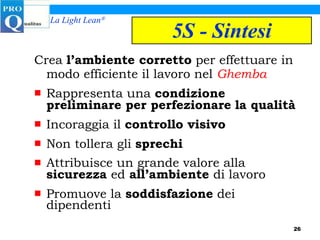 5S - Sintesi Crea  l’ambiente corretto  per effettuare in modo efficiente il lavoro nel  Ghemba Rappresenta una  condizione preliminare per perfezionare   la qualità Incoraggia il  controllo visivo Non tollera gli  sprechi Attribuisce un grande valore alla  sicurezza  ed  all’ambiente  di lavoro Promuove la  soddisfazione  dei dipendenti 