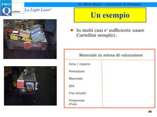 Un esempio In molti casi e’ sufficiente usare  Cartellini semplici. Dr. Silvio Marzo – Consulente di Direzione Materiale in attesa di valutazione Area / reparto Postazione Materiale Qtà Uso attuale Frequenza d’uso 