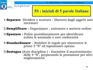 1: Separare  -Dividere e scartare : liberarsi dagli oggetti non necessari 2: Semplificare -  Organizzare , sistemare e mettere ordine 3: Spazzare -  Pulire quotidianamente per identificare subito le anomalie e non conformità 4: Standardizzare  – Stabilire le regole per mantenere le prime 3 “S” ed ispezionare spesso 5: Sostegno  (Auto disciplina ) - Garantire il mantenimento delle 4 “S”, preparando la postazione per altri miglioramenti 5S : iniziali di 5 parole Italiane Dr. Silvio Marzo – Consulente di Direzione 
