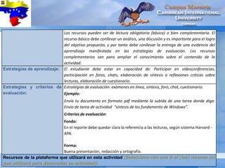 Los recursos pueden ser de lectura obligatoria (básica) o bien complementaria. El
recurso básico debe conllevar un análisis, una discusión y es importante para el logro
del objetivo propuesto, y por tanto debe conllevar la entrega de una evidencia del
aprendizaje manifestada en las estrategias de evaluación. Los recursos
complementarios son para ampliar el conocimiento sobre el contenido de la
actividad.
Estrategias de aprendizaje: El estudiante debe estar en capacidad de: Participar en videoconferencias,
participación en foros, chats, elaboración de síntesis o reflexiones críticas sobre
lecturas, elaboración de cuestionario.
Estrategias y criterios de
evaluación:
Estrategias de evaluación: exámenes en línea, síntesis, foro, chat, cuestionario.
Ejemplo:
Envía tu documento en formato pdf mediante la subida de una tarea donde diga:
Envío de tarea de actividad “síntesis de los fundamento de Windows”.
Criterios de evaluación:
Fondo:
En el reporte debe quedar clara la referencia a las lecturas, según sistema Harvard -
APA.
Forma:
Buena presentación, redacción y ortografía.
Recursos de la plataforma que utilizará en esta actividad (Seleccione con una X el (los) recurso (s)
que utilizará para desarrollar su actividad).
 