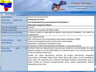 a) Actividades.
Actividades :
Actividad preliminar o
introductoria
Examen de autoevaluación
Cuestionario en línea.
Foro de fundamento y personalización de Windows 7
Chat sobre manejo de editores.
Tipo de actividad: En línea.
Tiempo o período 2 horas. En la semana 1 del 10/9 al 16/9.
Objetivo de la actividad: El alumno estará en capacidad de explicar cómo funciona Windows 7 con todos sus
componentes.
Instrucciones para el
aprendizaje:
Lee el siguiente texto:
IBM. Introducción a las Computadoras personales y Windows. (2006).
Tareas de Investigación sobre los ítems antes mencionados.
Responder el cuestionario colocado en línea.
Participar en el foro de fundamento de Windows 7 y chat para este fin.
Recursos para el
aprendizaje:
Escriba el título de cada uno de los recursos que utilizará en esta actividad, los cuales
deberá entregar en un CD o DVD, adjunto a la presente guía. Si son vínculos solo debe
escribir la dirección electrónica.
Pueden ser: libros electrónicos, artículos de revistas electrónicas, antologías,
documentos en formatos Word, Excel, Power Point, pdf, videos, uso de simuladores,
entre otros. Por supuesto que si existen actividades prácticas presenciales pues se
deben escribir los recursos correspondientes como: campo experimental, talleres,
laboratorios, entre otros
 