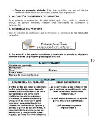 10
c. Etapa de proyecto síntesis: Esta fase posibilita que los estudiantes
sinteticen y demuestren lo alcanzado durante todo el proyecto.
8. VALORACIÓN DIAGNÓSTICA DEL PROYECTO
Es el proceso de evaluación. Se debe indicar qué, cómo, quién y cuándo se
evalúa. Es posible, también, redactar unos indicadores de valoración o
desempeño.
9. EVIDENCIAS DEL PROYECTO
Son el conjunto de materiales que demuestren la obtención de los resultados
deseados.
1. De acuerdo a las pautas anteriores y teniendo en cuenta el siguiente
formato diseñe un proyecto pedagógico de aula.
1. IDENTIFICACIÓN
Nombre del proyecto:
Institución:
Nivel: Grados:
Área o áreas:
Tiempo de implementación:
2. PROBLEMA
DESCRIPCIÓN DEL PROBLEMA HILOS CONDUCTORES
Dentro de los procesos académicos
de los estudiantes en el área de
matemáticas se evidencia la poca
apropiación de la estructura
multiplicativa de los números
naturales, el reconocimiento y
utilización de la fracción como
operador, comparación de los
diferentes atributos de figuras y
sólidos a partir de sus medidas, el
reconocimiento de relaciones de
semejanza y congruencia entre
figuras; por ello los conocimientos
¿Qué actividades puedo desarrollar
para mejorar mi rendimiento a la
hora de realizar actividades
matemáticas?
¿De qué manera demuestro interés
por el área de matemáticas?
¿Qué estrategias puedo
implementar a
 