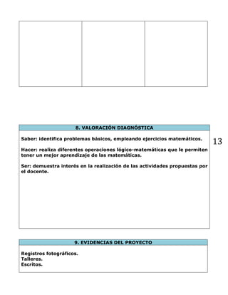 13
8. VALORACIÓN DIAGNÓSTICA
Saber: identifica problemas básicos, empleando ejercicios matemáticos.
Hacer: realiza diferentes operaciones lógico-matemáticas que le permiten
tener un mejor aprendizaje de las matemáticas.
Ser: demuestra interés en la realización de las actividades propuestas por
el docente.
9. EVIDENCIAS DEL PROYECTO
Registros fotográficos.
Talleres.
Escritos.
 
