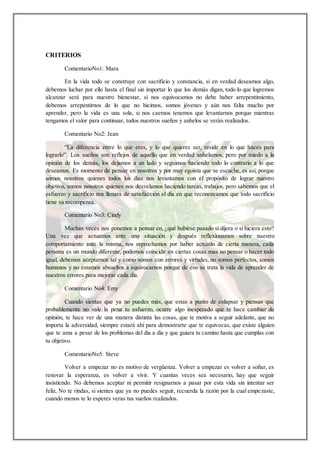 CRITERIOS
ComentarioNo1: Mara
En la vida todo se construye con sacrificio y constancia, si en verdad deseamos algo,
debemos luchar por ello hasta el final sin importar lo que los demás digan, todo lo que logremos
alcanzar será para nuestro bienestar, si nos equivocamos no debe haber arrepentimiento,
debemos arrepentirnos de lo que no hicimos, somos jóvenes y aún nos falta mucho por
aprender, pero la vida es una sola, si nos caemos tenemos que levantarnos porque mientras
tengamos el valor para continuar, todos nuestros sueños y anhelos se verán realizados.
Comentario No2: Jean
“La diferencia entre lo que eres, y lo que quieres ser, reside en lo que haces para
lograrlo”. Los sueños son reflejos de aquello que en verdad anhelamos, pero por miedo a la
opinión de los demás, los dejamos a un lado y seguimos haciendo todo lo contrario a lo que
deseamos. Es momento de pensar en nosotros y por muy egoísta que se escuche, es así, porque
somos nosotros quienes todos los días nos levantamos con el propósito de lograr nuestro
objetivo, somos nosotros quienes nos desvelamos haciendo tareas, trabajos, pero sabemos que el
esfuerzo y sacrificio nos llenara de satisfacción el día en que reconozcamos que todo sacrificio
tiene su recompensa.
Comentario No3: Cindy
Muchas veces nos ponemos a pensar en, ¿qué hubiese pasado si dijera o si hiciera esto?
Una vez que actuamos ante una situación y después reflexionamos sobre nuestro
comportamiento ante la misma, nos reprochamos por haber actuado de cierta manera, cada
persona es un mundo diferente, podemos coincidir en ciertas cosas mas no pensar o hacer todo
igual, debemos aceptarnos tal y como somos con errores y virtudes, no somos perfectos, somos
humanos y no estamos absueltos a equivocarnos porque de eso se trata la vida de aprender de
nuestros errores para mejorar cada día.
Comentario No4: Emy
Cuando sientas que ya no puedes más, que estas a punto de colapsar y piensas que
probablemente no vale la pena tu esfuerzo, ocurre algo inesperado que te hace cambiar de
opinión, te hace ver de una manera distinta las cosas, que te motiva a seguir adelante, que no
importa la adversidad, siempre estará ahí para demostrarte que te equivocas, que existe alguien
que te ama a pesar de los problemas del día a día y que guiara tu camino hasta que cumplas con
tu objetivo.
ComentarioNo5: Steve
Volver a empezar no es motivo de vergüenza. Volver a empezar es volver a soñar, es
renovar la esperanza, es volver a vivir. Y cuantas veces sea necesario, hay que seguir
insistiendo. No debemos aceptar ni permitir resignarnos a pasar por esta vida sin intentar ser
feliz, No te rindas, si sientes que ya no puedes seguir, recuerda la razón por la cual empezaste,
cuando menos te lo esperes veras tus sueños realizados.
 