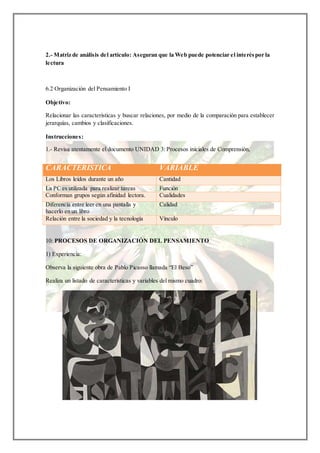 2.- Matriz de análisis del artículo: Aseguran que la Web puede potenciar el interéspor la
lectura
6.2 Organización del Pensamiento I
Objetivo:
Relacionar las características y buscar relaciones, por medio de la comparación para establecer
jerarquías, cambios y clasificaciones.
Instrucciones:
1.- Revisa atentamente el documento UNIDAD 3: Procesos iniciales de Comprensión,
10: PROCESOS DE ORGANIZACIÓN DEL PENSAMIENTO
1) Experiencia:
Observa la siguiente obra de Pablo Picasso llamada “El Beso”
Realiza un listado de características y variables del mismo cuadro:
CARACTERÍSTICA VARIABLE
Los Libros leídos durante un año Cantidad
La PC es utilizada para realizar tareas Función
Conforman grupos según afinidad lectora. Cualidades
Diferencia entre leer en una pantalla y
hacerlo en un libro
Calidad
Relación entre la sociedad y la tecnología Vínculo
 