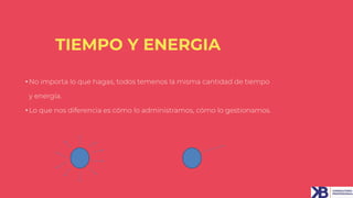 • No importa lo que hagas, todos temenos la misma cantidad de tiempo
y energía.
• Lo que nos diferencia es cómo lo administramos, cómo lo gestionamos.
TIEMPO Y ENERGIA
 